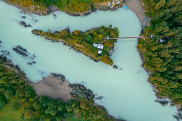 Island Patmos in Katun river Altai Republic, aerial top view