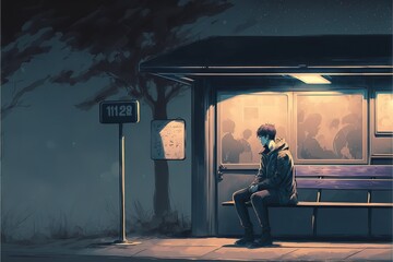 The boy is waiting at night at the bus stop