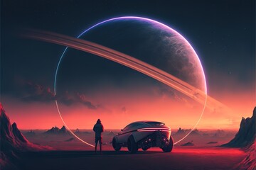 Fototapeta na wymiar A man stands near a retro car with a view of the planet