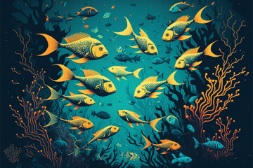 Fototapeta na wymiar 熱帯魚の平面的なイラスト, Generative AI