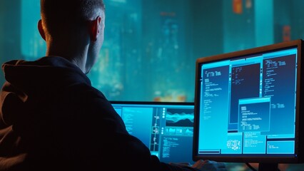 Computer Hacker in Hoodie. Obscured Dark Face. Concept of Hacker Attack, Virus Infected Software, Dark Web and Cyber Security.