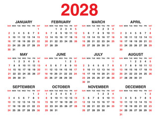 Calendar 2028 year vector illustration, Set of 12 calendar, week starts on Sunday, Simple planner template, desk calendar 2028 year, wall calendar 2028 template, print media, corporate template - obrazy, fototapety, plakaty