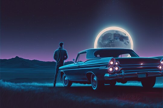 A Man Stands Near A Retro Car With A View Of The Planet