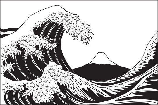 Line art vector of great wave off kanagawa background with Fuji mountain drawing in black and white