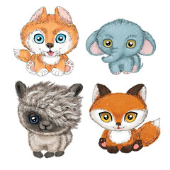 Alpaca, elephant, fox and husky dog - babies. Animals Fluffy Toys. Hand drawn line doodle illustration