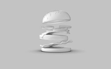 Isolated concept of jumping motion food component cheese burger cut pout ready solid colour front camera view 3d rendering image