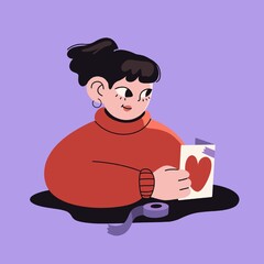 minimalistic illustration of a smiling cute girl with a ponytail in a red turtleneck sweater, falling in love, making a valentine's day card with a big red heart, solid purple violet background