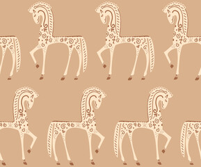 Abstract Hand Drawing Ethnic Traditional Horses Seamless Vector Pattern Isolated Background