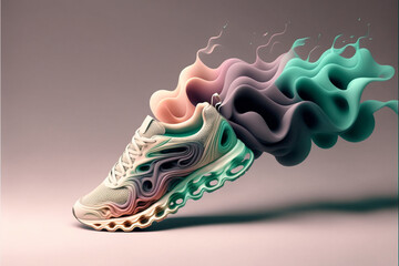 後部から煙のでるピンクと緑の靴のイラスト、Generative AI - obrazy, fototapety, plakaty