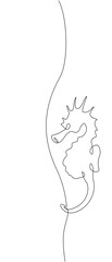Drawing of seahorse clinging to a water plant made in the one line art technique. Minimalistic black and white image