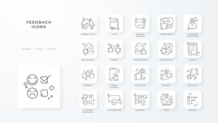 Feedback Icons with black outline style. Thin line icon related to feedback, rating, testimonials, quick response, satisfaction and more. Simple web icon. Vector illustration