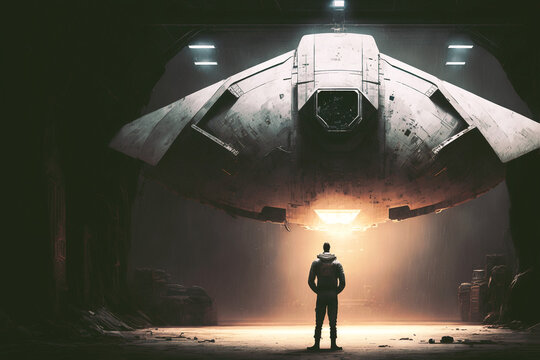 A single person stands before an odd, alien craft in a very dim hanger. Artwork leveraging generative ai