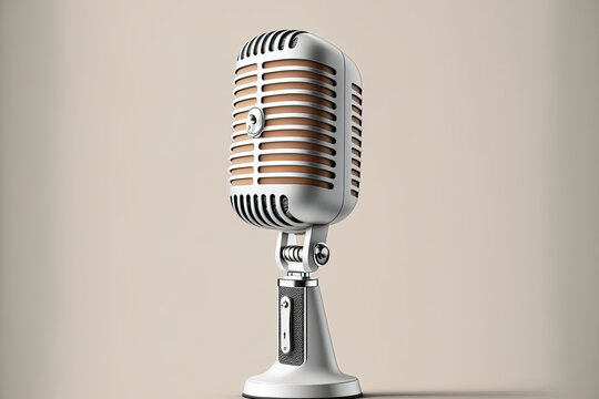 Classic looking microphone with a white backdrop. Realistic looking microphone on a plain backdrop. An accurate icon. Isolated illustration. Generative AI