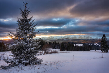 Winter landscape of Tatra Mountains at sunrise. Poland