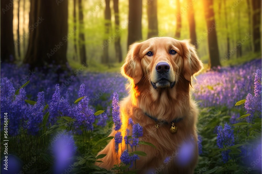 Poster a dog sitting in a field of bluebells in the woods with the sun shining through the trees behind him