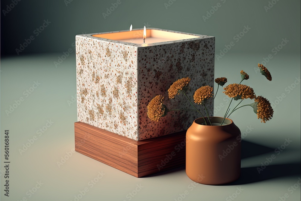 Aufkleber a candle and vase with flowers in it on a table top with a green background and a gray background be