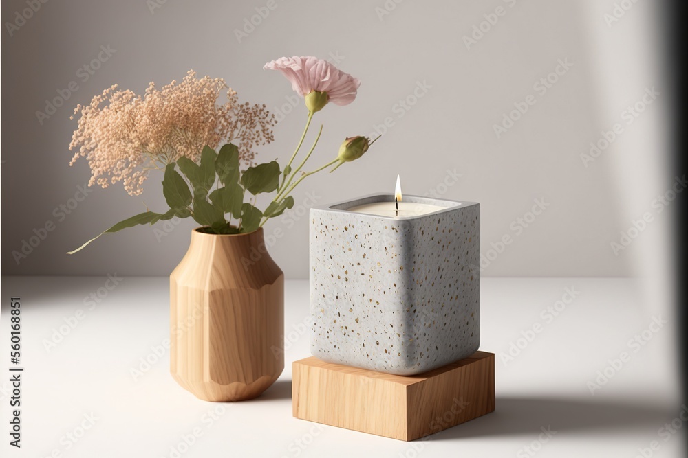 Poster a candle and vase with flowers in it on a table top with a white background and a light gray wall be