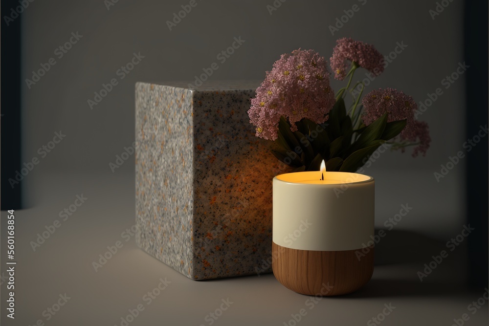 Poster a candle and a vase with flowers in it on a table top with a box behind it and a candle holder on th