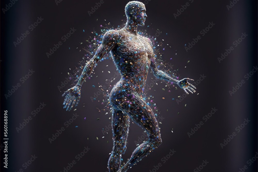 Poster  a computer generated image of a running man with colored dots all over it's body and arms and legs, with a black background of a black background with a black backdrop and white., generative ai
