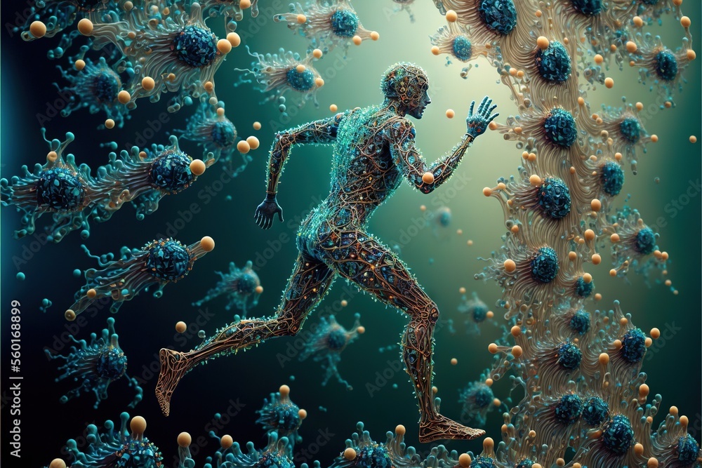 Poster a man running through a field of blue and yellow balls in the air with a green background and a blue