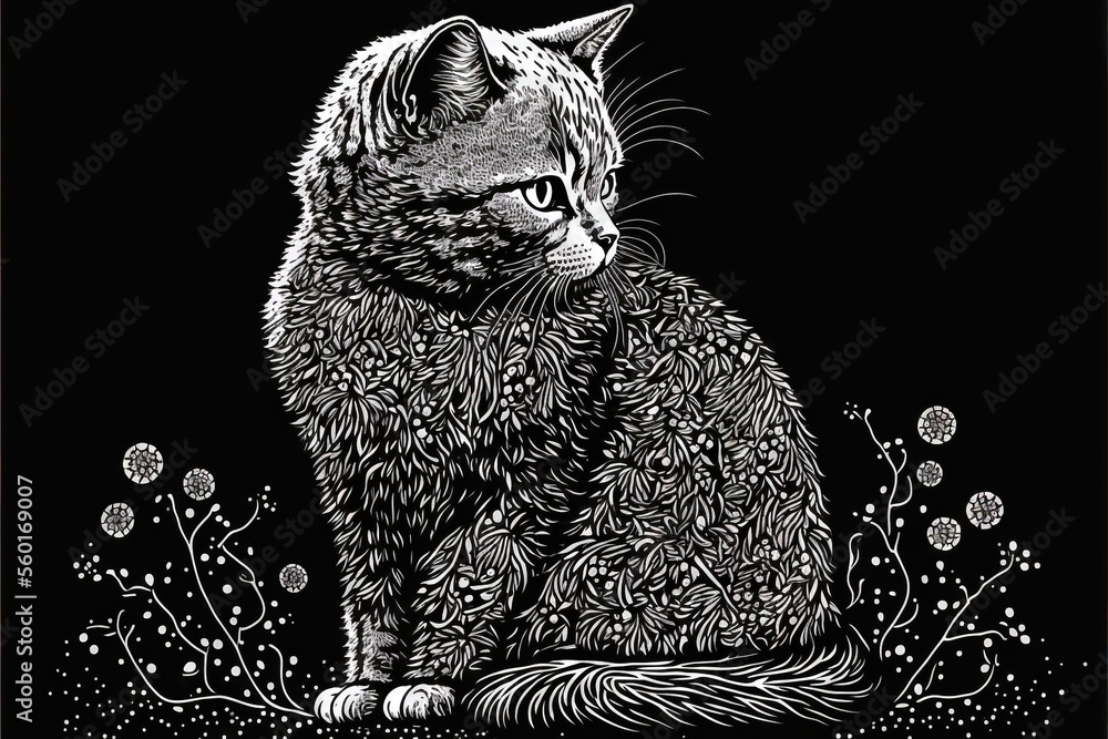 Aufkleber a cat sitting on a branch in the dark with flowers around it and a black background with white lette