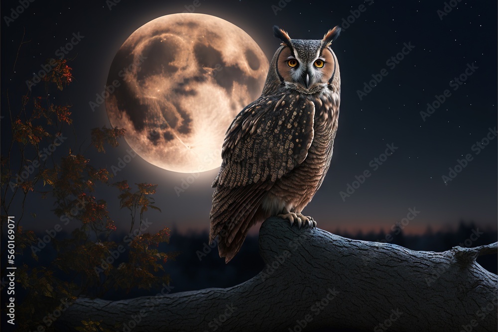 Poster an owl sitting on a branch in front of a full moon with trees in the background and a full moon in t