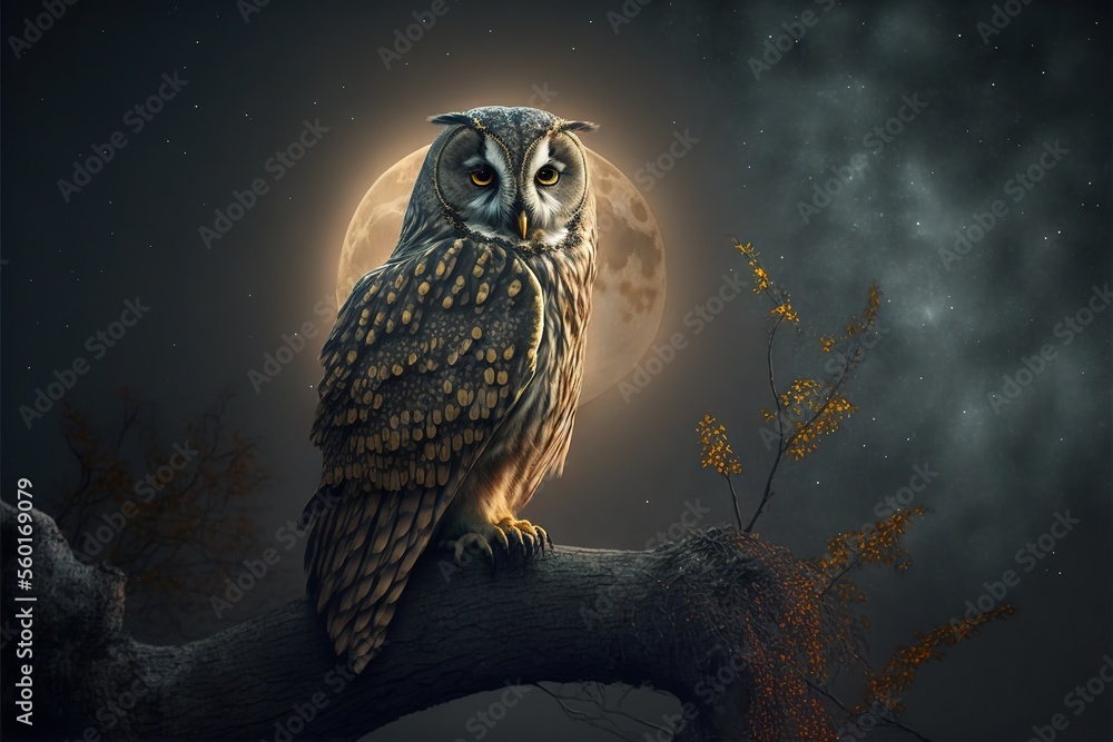 Poster an owl sitting on a branch with a full moon in the background and a tree branch with leaves in the f