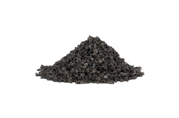 A pile of natural black salt on a white background.