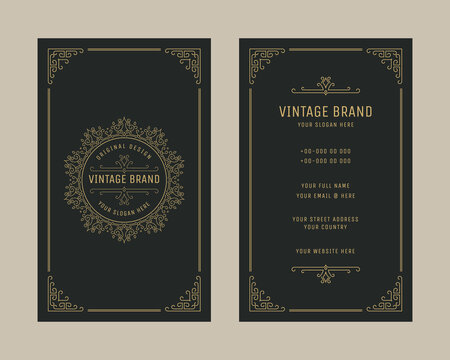 Luxury vintage vertical business card ornament logo template, retro flourishes ornament frame design