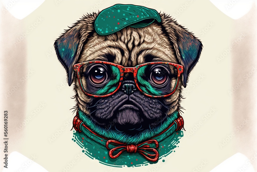Poster a pug wearing a green hat and glasses with a bow tie and a green cap on his head is shown in a squar