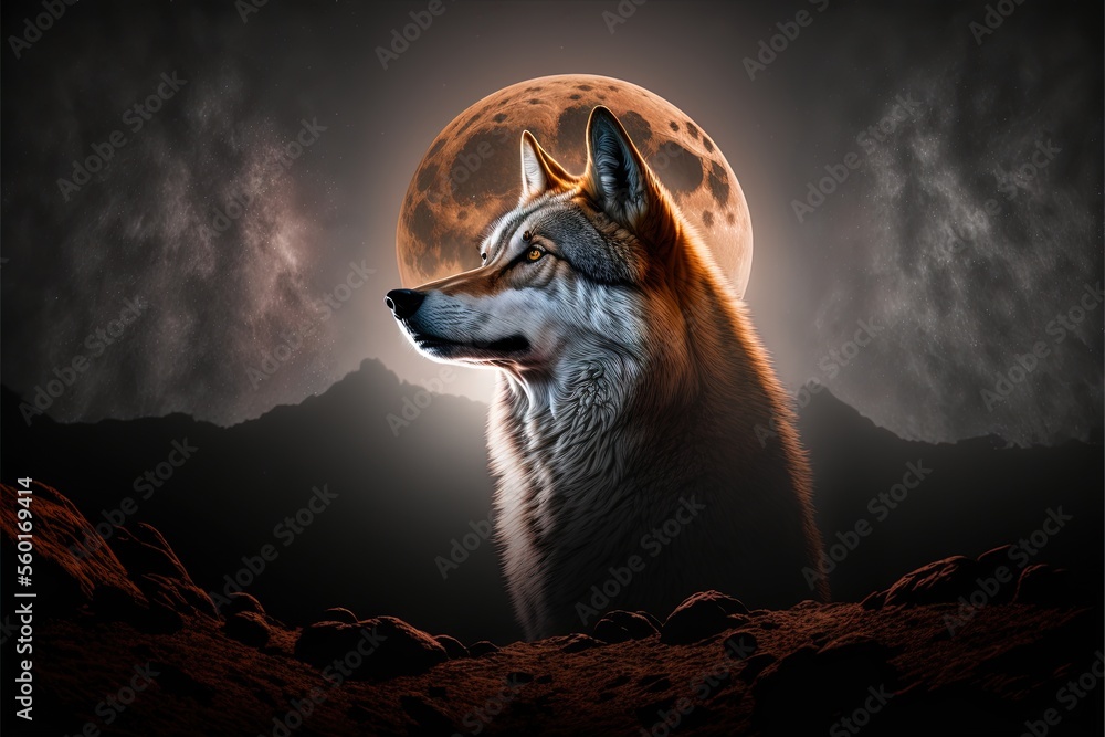 Aufkleber a wolf standing in the middle of a field with a full moon in the background and a dark sky with clou