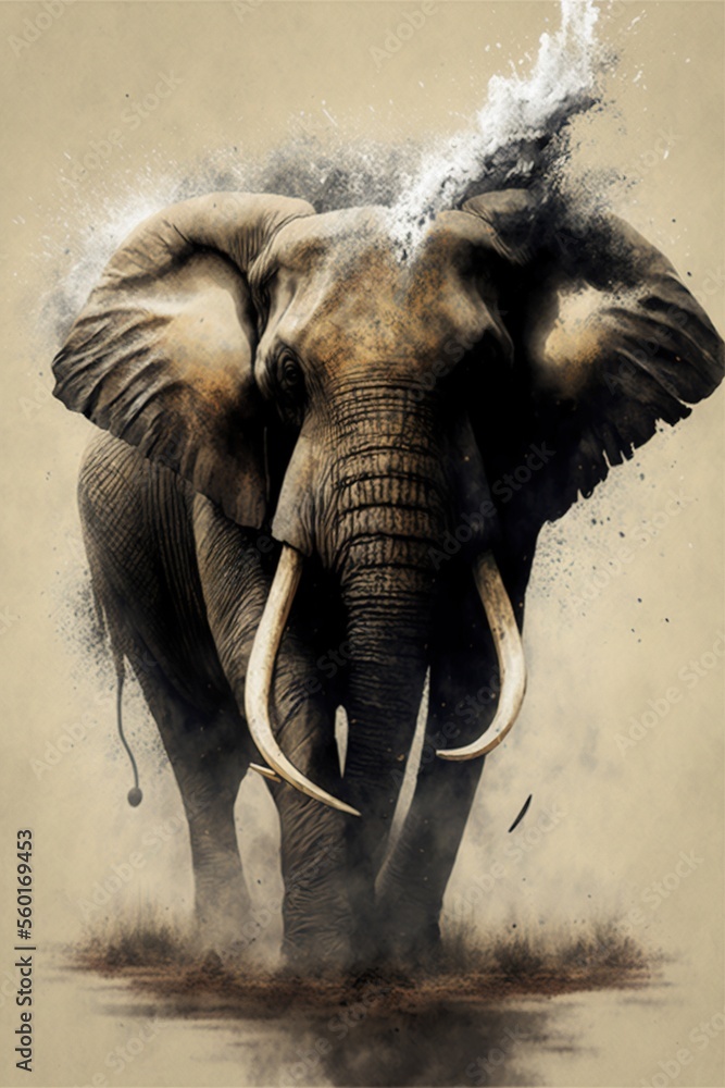Aufkleber an elephant with a lot of dust on its face and trunk, standing in a field of grass and dust, with it