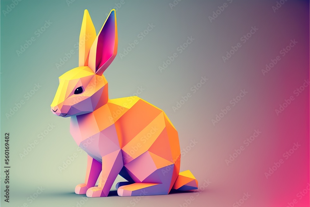 Poster a rabbit sitting on the ground with a colorful background behind it and a pink and yellow background