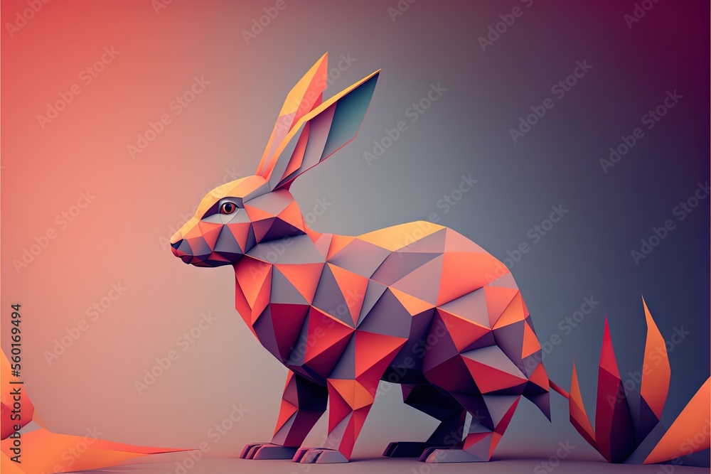 Poster a rabbit made of triangles on a purple background with a pink background and a red background behind