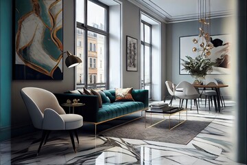 Stunning Lavish apartment interior design marble floor. AI generated art illustration.	
