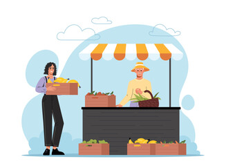 Farmers market concept. Man and woman with fruits and vegetables, natural and organic products, local shop. Rural countryside and village. Seller and customer. Cartoon flat vector illustration
