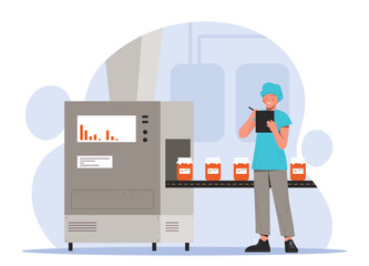 Food manufacturing concept. Woman stands near conveyor with cans of red liquid, marmalade and notes quality control. Business and automation of production of goods. Cartoon flat vector illustration