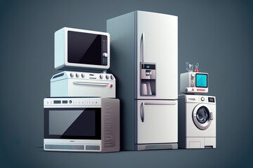 a collection of home equipment, including a TV, dishwasher, microwave, washing machine, refrigerator, vacuum cleaner, iron, and stove. isolated realistic . Generative AI