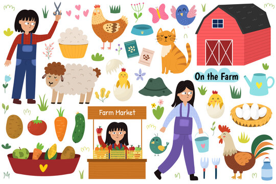 On the farm set with cute animals and kids farmers. Countryside life elements in cartoon style. Sheep shearing, farm market, rooster, cat, hen, chick in egg, barn and other gardening icons collection.