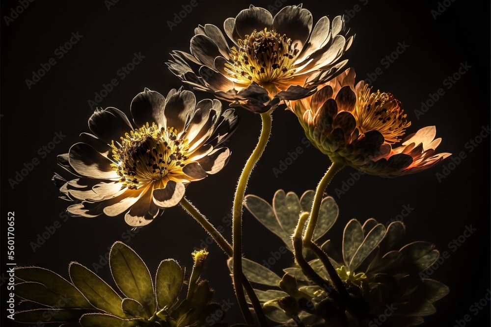 Poster a couple of flowers that are in a vase on a table with a black background in the dark room with a li