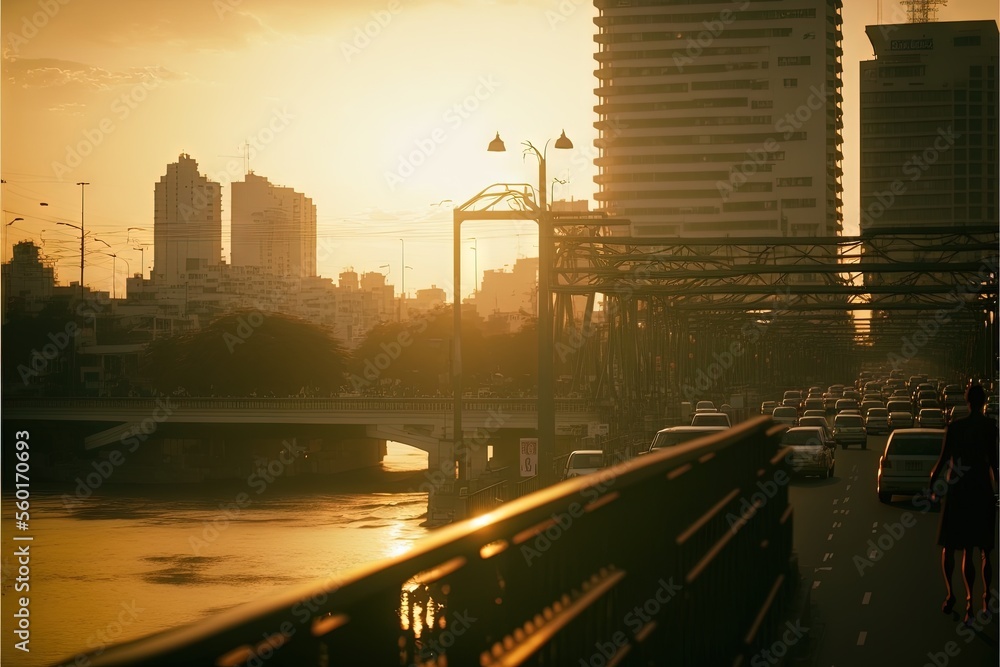 Poster a city skyline with a bridge and a river at sunset with traffic on it and a bridge in the foreground