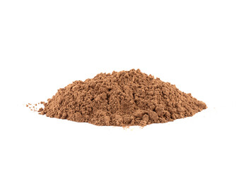 Heap of cocoa powder on a white background.
