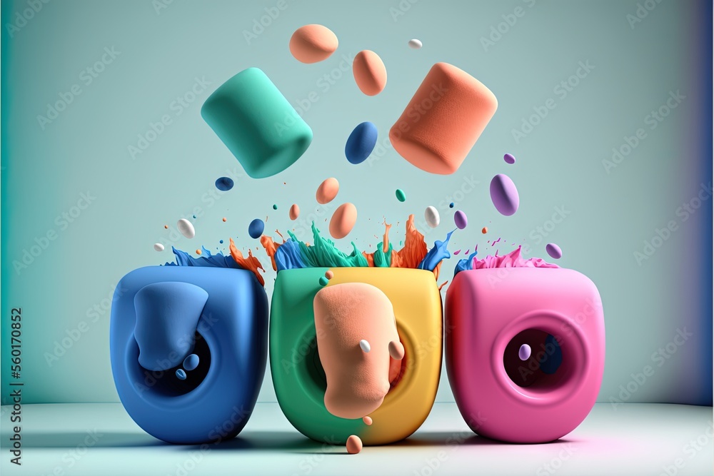 Aufkleber a group of colorful objects floating in the air with a blue background and a green wall behind them,