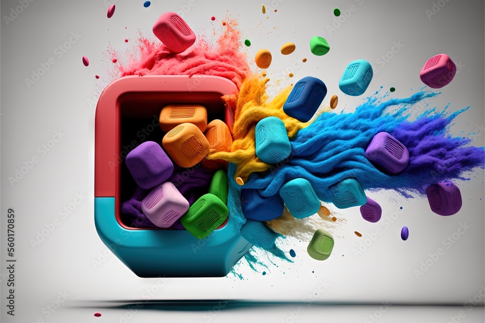 Poster a colorful object with a lot of colors coming out of it's back end and a splash of paint on the side