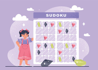 Little girl with sudoku. hild solves puzzle, educational materials for development of strategic thinking and planning. Template, layout and mock up.