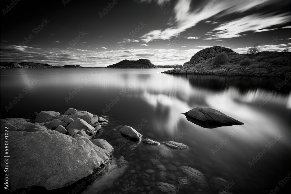 Poster a black and white photo of a lake with rocks in the water and a sky with clouds above it and a rock 