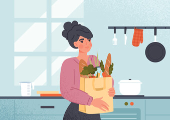 Woman with groceries. Young girl with package of natural and organic products, vegetables and milk. Household chores and routine, hostess with food in kitchen. Cartoon flat vector illustration