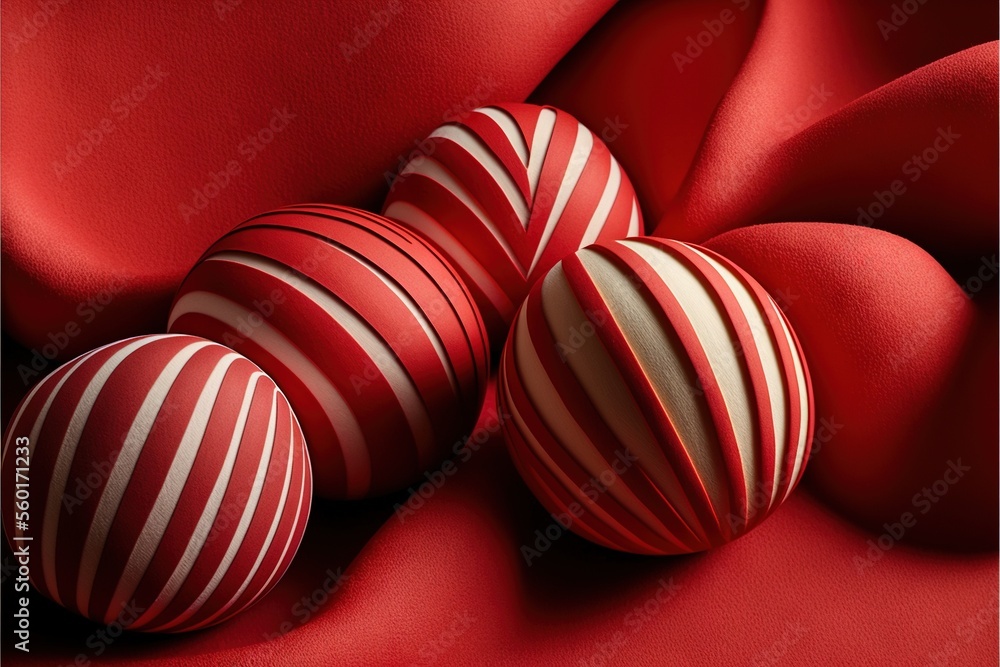 Poster three red and white striped balls on a red cloth background with a red satin background behind them 