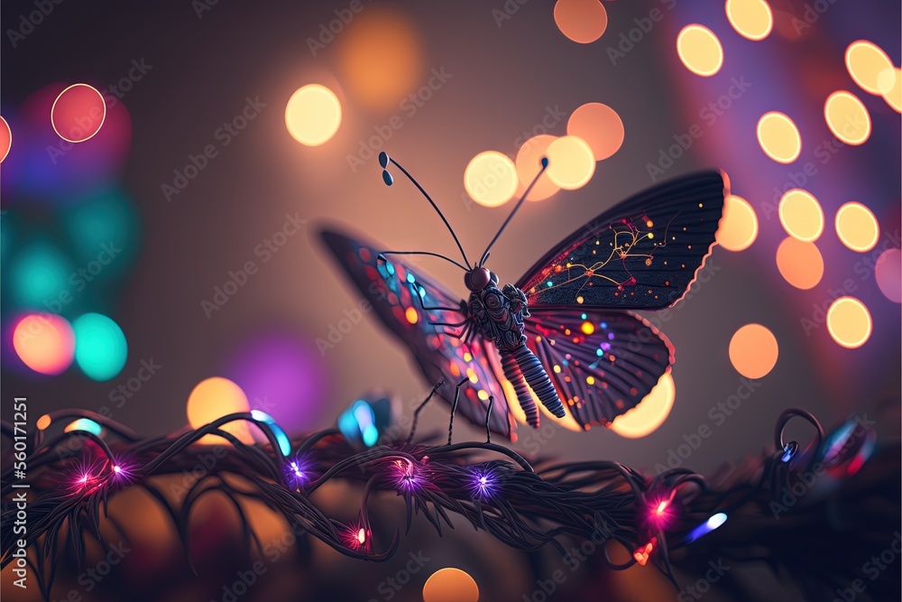Poster a butterfly with a lot of lights in the background and a blurry background behind it is a blurry ima