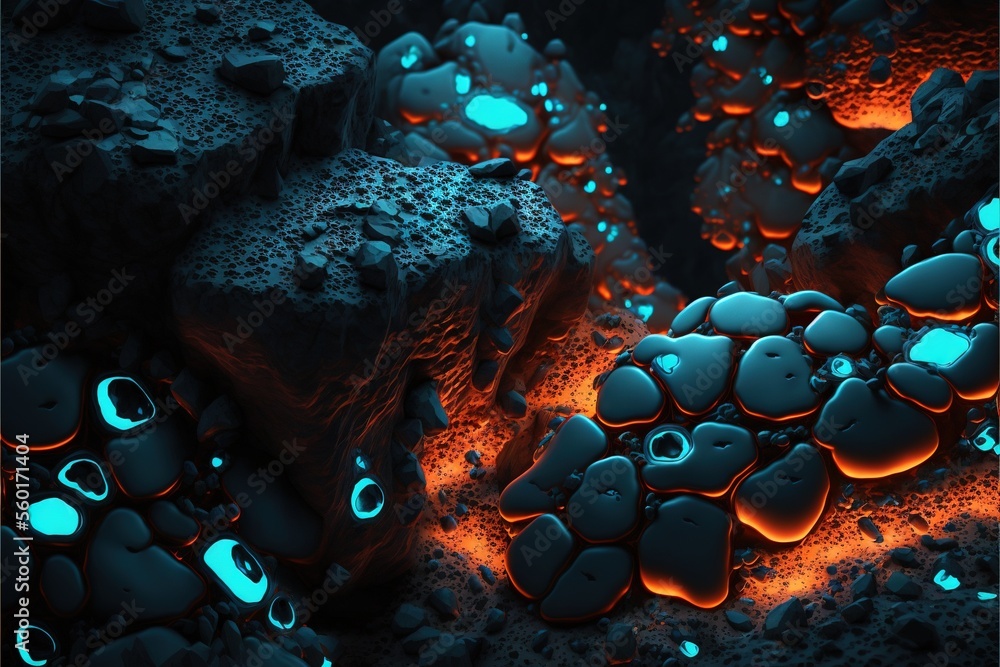 Poster a group of rocks with glowing lights on them and a black background with blue and orange lights on t